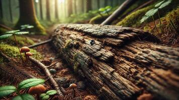 4K Realistic Macro Photograph Focusing on a Fallen Tree, Dead Tree Trunk Lying on The Forest Floor. The Bark Is Cracked and Weathered, Widescreen 4K Resolution photo