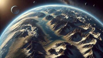 4K Realistic 3D Rendering of an Earth with Exaggerated Topography, Where Massive Mountains and Geological Features Extend, Widescreen 4K Resolution photo