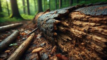 4K Realistic Macro Photograph Focusing on Fallen, Dead Tree Trunk Lying on The Forest Floor. The Bark Is Cracked and Weathered, Widescreen 4K Resolution photo