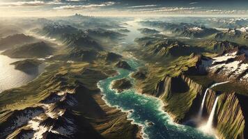 4K Realistic View of Earth Surface Without Any Signs of Civilization. The Landscape Is Pristine and Untouched, Widescreen 4K Resolution photo