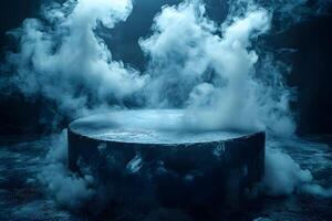 Mysterious Smoky Platform in Dark Atmospheric Setting for Futuristic Design photo