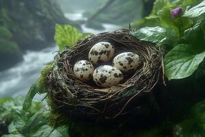 Nature's Cradle Bird Nest with Speckled Eggs in Lush Forest Setting for Wildlife Themes photo