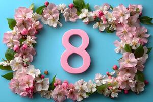 Spring Floral Frame with Pink Number Eight for Women's Day Celebration Design photo