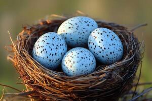Speckled Blue Bird Eggs in Nest for Spring and Nature Themes photo