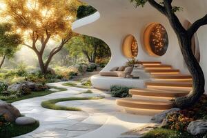 Futuristic Eco-Home with Curved Architecture and Illuminated Steps in Serene Forest Setting photo
