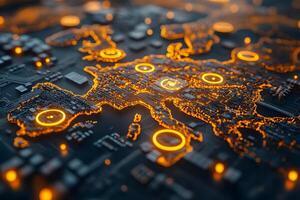 Futuristic Digital World Map with Glowing Circuitry for Technology and Innovation Concepts photo