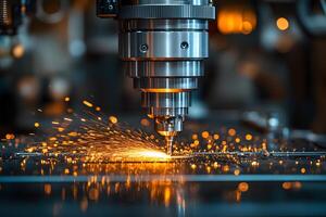 Precision Engineering CNC Machine Cutting Metal with Sparks and Bokeh Effect photo