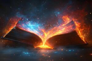 Magical Book with Fiery and Cosmic Elements for Fantasy and Imagination Themes photo