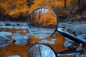 Autumn Reflection in River Through Magnifying Glass - Nature Concept Illustration photo