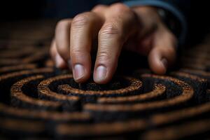 Guidance Through Complexity Hand Navigating Textured Wooden Maze for Strategy and Problem Solving photo