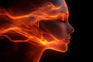 Female Silhouette with Fiery Abstract Light Flows - Digital Art Concept for Creativity and Energy Design photo