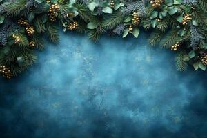 Festive Greenery and Berries on Teal Background for Holiday Design photo