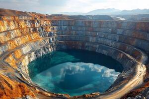 Spectacular View of a Vast Open-Pit Mine with Pristine Water Reflection photo