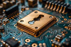 Cybersecurity Concept Golden Lock on Circuit Board for Technology and Security Themes photo