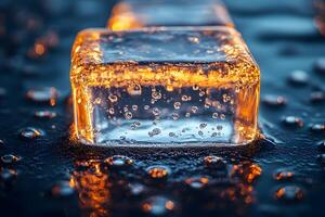 Macro Photography of Melting Ice Cube with Water Droplets in Ambient Light photo