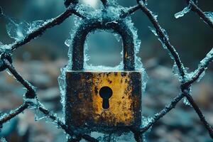 Frozen Padlock on Rusty Chain-Link Fence Evoking Security and Isolation photo