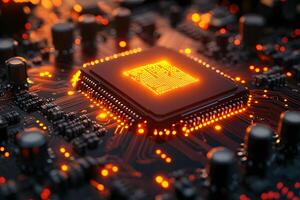 Cutting-Edge Technology Glowing Microchip on Circuit Board for Digital Innovation Design photo