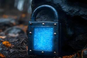 Futuristic Digital Lock Circuit Concept in Mysterious Forest Setting photo