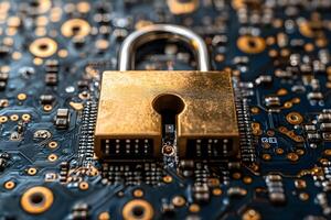 Cybersecurity Concept with Golden Lock on Circuit Board for Technology and Data Protection Design photo