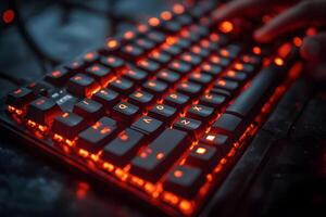 Glowing Mechanical Keyboard with Red Backlit Keys for Gaming and Typing Design photo