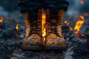 Rugged Work Boots on Muddy Ground with Flames Industrial Strength and Resilience photo