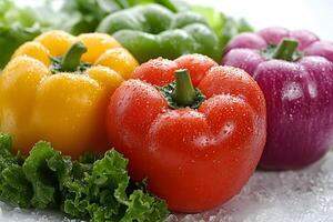 Fresh Colorful Bell Peppers and Lettuce on Ice for Healthy Cooking and Salad Preparation photo