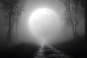 Enigmatic Moonlit Pathway in Misty Forest - Mysterious Spooky Atmosphere for Halloween Design photo