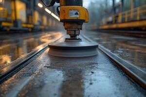 Industrial Rail Maintenance Scene with Focus on Grinding Process for Optimal Track Functionality photo