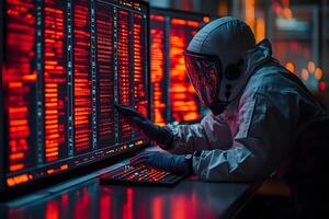 Cyber Security Analyst in Protective Gear Managing Data Center Operations photo
