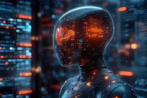 Futuristic AI Robot with Digital Interface in a High-Tech Data Center photo