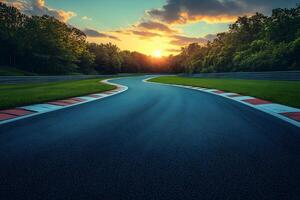 Scenic Sunset Over a Serene Race Track Surrounded by Lush Greenery photo