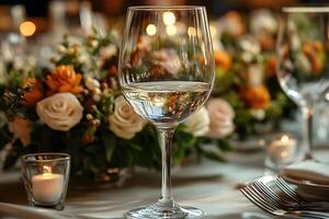 Elegant Dinner Table Setting with Wine Glass and Floral Centerpiece for Celebrations photo