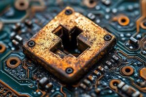 Close-Up of Old Circuit Board with Weathered Metal Component - Tech and Electronics Theme photo