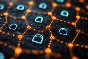 Digital Cybersecurity Network with Illuminated Lock Icons - Advanced Technology Concept photo
