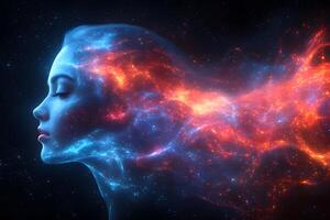 Cosmic Dreamscape with Ethereal Woman and Vibrant Nebula for Digital Art and Fantasy Concepts photo