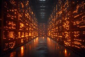 Futuristic Data Center with Illuminated Server Racks for Technology and Network Solutions photo