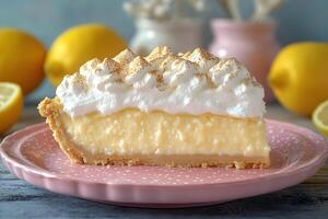 Delicious Lemon Meringue Pie with Fluffy Topping on Pink Plate photo