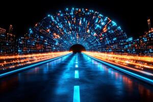 Futuristic Neon Tunnel with Light Trails for Sci-Fi Design and Technology Concepts photo