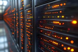 High-Tech Data Center Server Room with Network Connections and LED Indicators photo