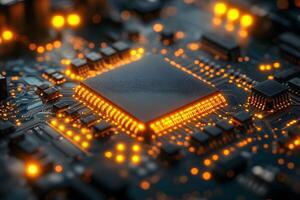 Futuristic Microchip Technology with Glowing Circuits for Digital Innovation Concepts photo