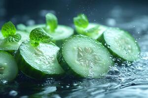 Fresh Sliced Cucumber with Mint Leaves and Water Splashes for Refreshing Summer Design photo