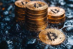Stacks of Bitcoin Coins on Wet Surface - Cryptocurrency Wealth and Investment Concept photo