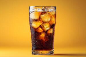 Refreshing Iced Cola Beverage in Tall Glass Against Gradient Background photo