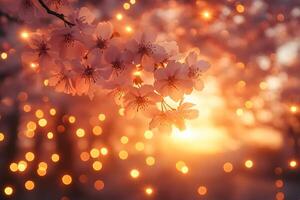 Enchanting Cherry Blossom Sunset with Glowing Bokeh for Nature Photography Decor photo