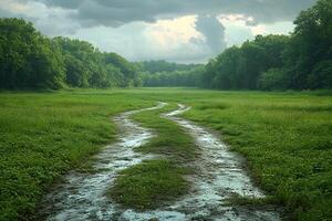 Muddy Path Through Verdant Forest on a Cloudy Day for Nature Photography and Exploration photo