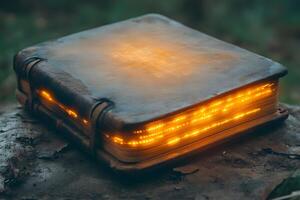 Mystical Glowing Book in an Enchanted Forest for Fantasy Concepts and Storytelling Design photo