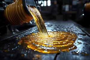 Industrial Machinery Oiling Process in Action - Close-Up of Engine Lubrication Fluid photo