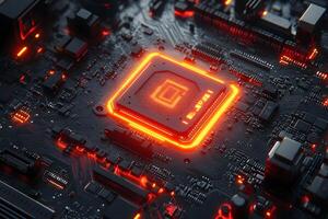 Futuristic Technology Concept Featuring Glowing Processor on Circuit Board for Innovation Poster Design photo