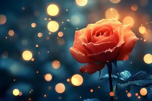 Enchanting Red Rose with Glowing Bokeh Lights for Romantic Design photo