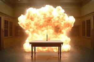Dramatic Explosion Behind Table in Laboratory Setting for Action Scenes and Design photo
